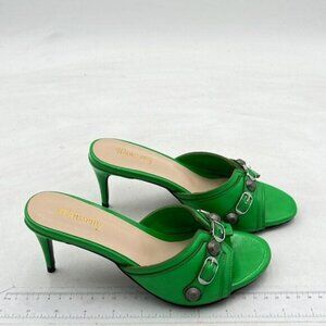 Wansseny Green Women Chic Open Toe Mid Heel Buckle Studded Mules Slip On Summer
